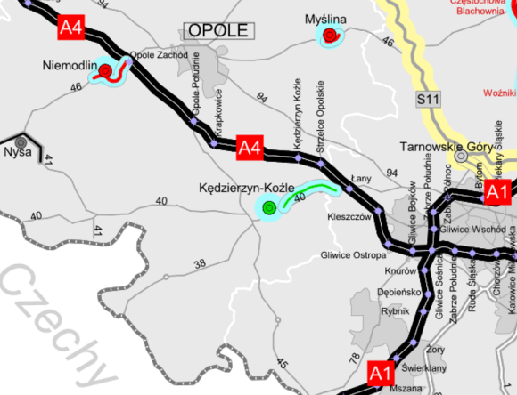 Carte routière de la région d'Opole, Pologne, montrant les autoroutes A4 et A1, ainsi que d'autres routes principales et villes comme Kędzierzyn-Koźle et Gliwice. Utile pour la navigation et la planification de voyage.